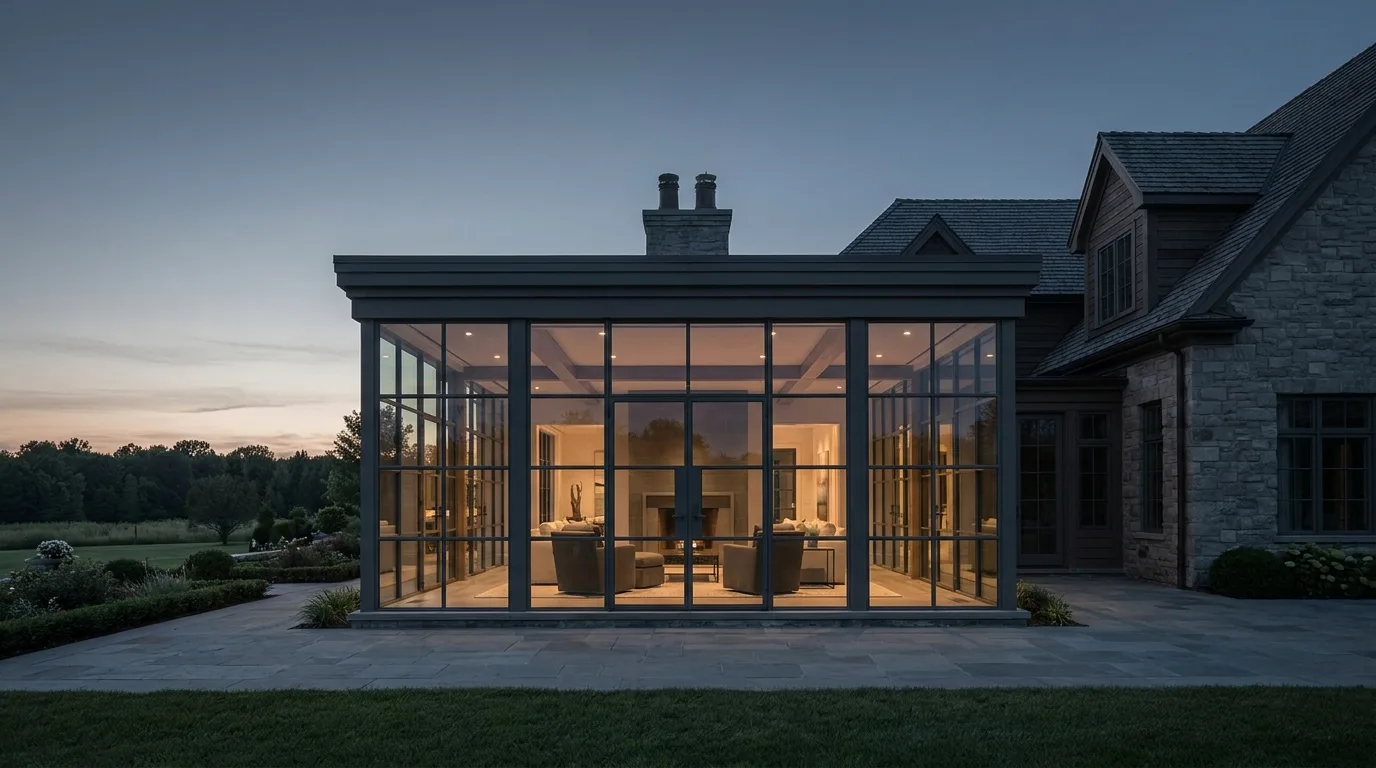 A high-end four-season sunroom addition glowing with warm interior light at dusk