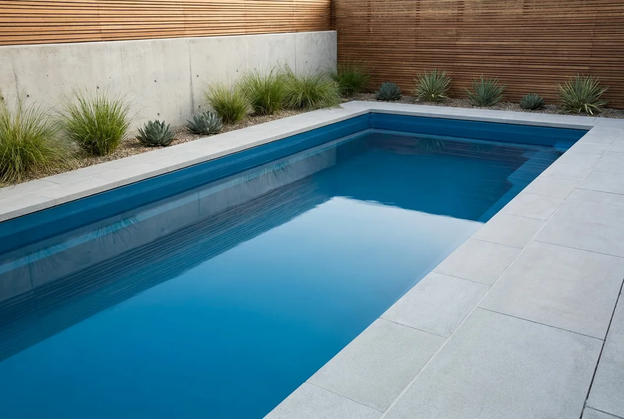 A calm inground pool in a modern backyard in daylight with clear blue water