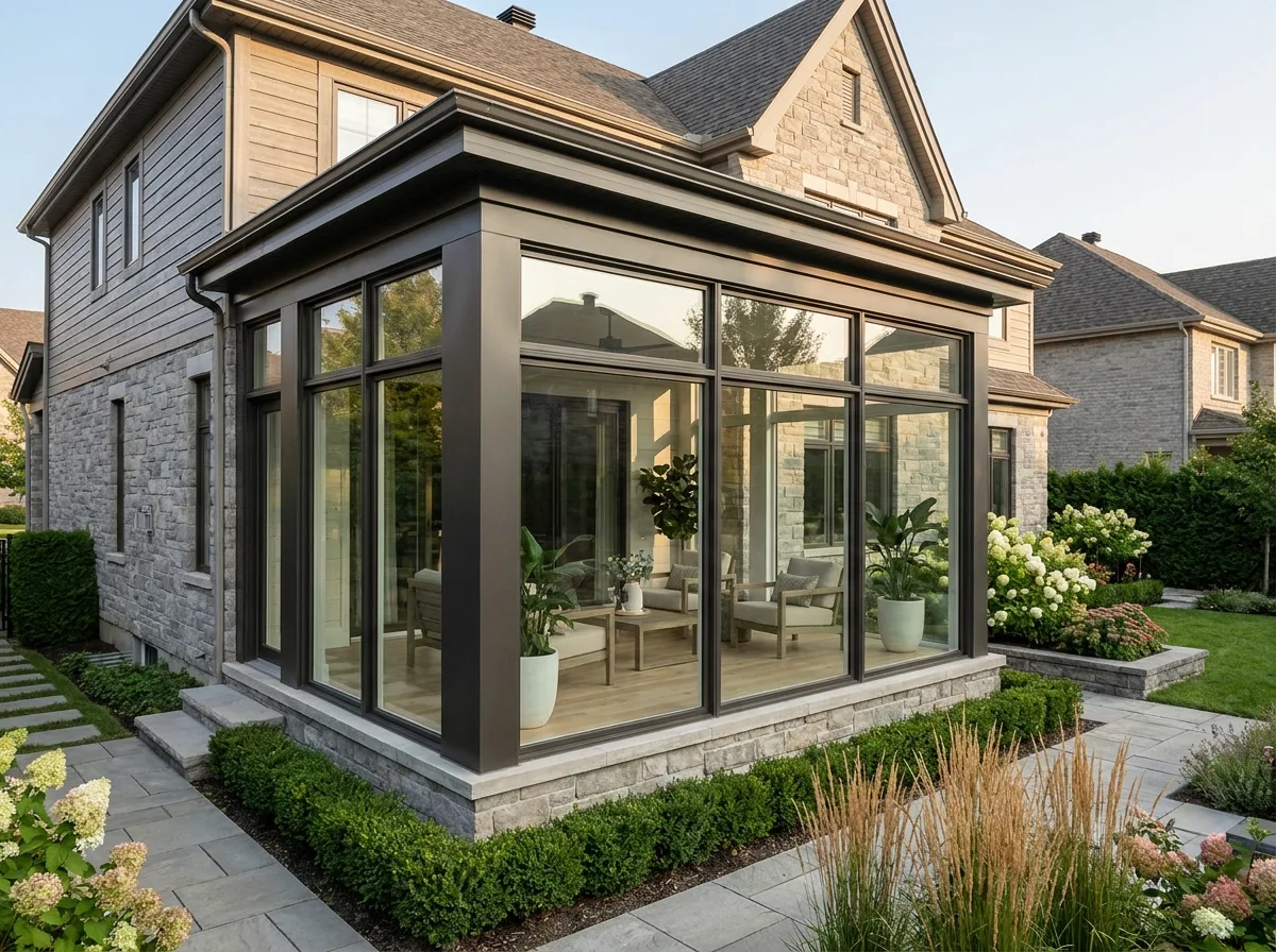 A clean four-season sunroom addition on a well-kept home, bright natural daylight